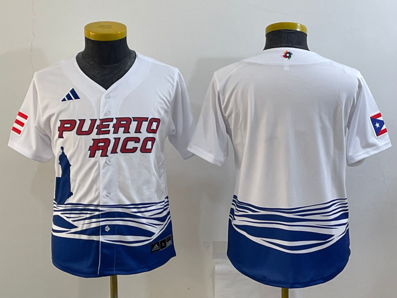 Women's White Puerto Rico Baseball Blank 2023 World Baseball Classic Replica Stitched Jersey(Run Small)